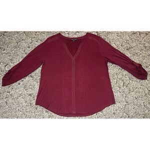 Cable & Gauge Blouse Womens‎ XL Red V-Neck Long Sleeve Roll Tab Stretch Top